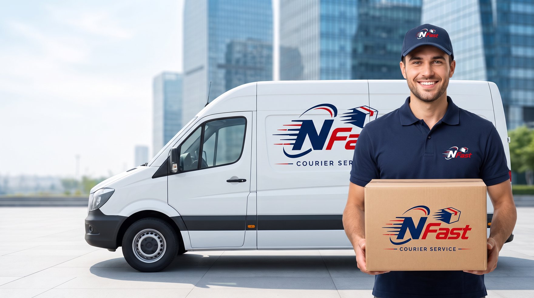 NFast courier holding a parcel in front of a branded NFast delivery van in the city